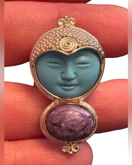 RARE Sajen Sterling silver ring goddess CHAROITE & Reconstituted turquoise Bali