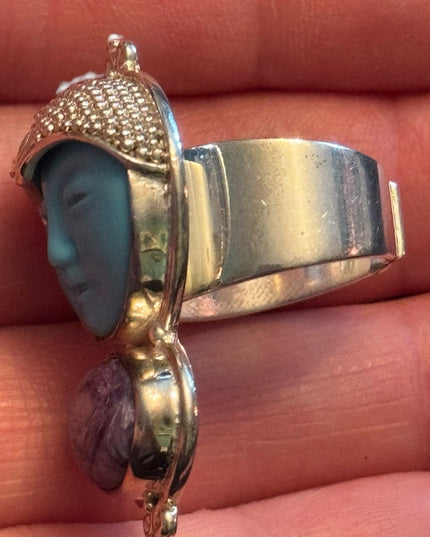 RARE Sajen Sterling silver ring goddess CHAROITE & Reconstituted turquoise Bali