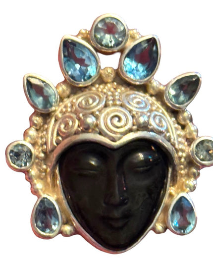 RARE Sajen Sterling silver ring goddess Topaz and Black Fiber optic Balenisian