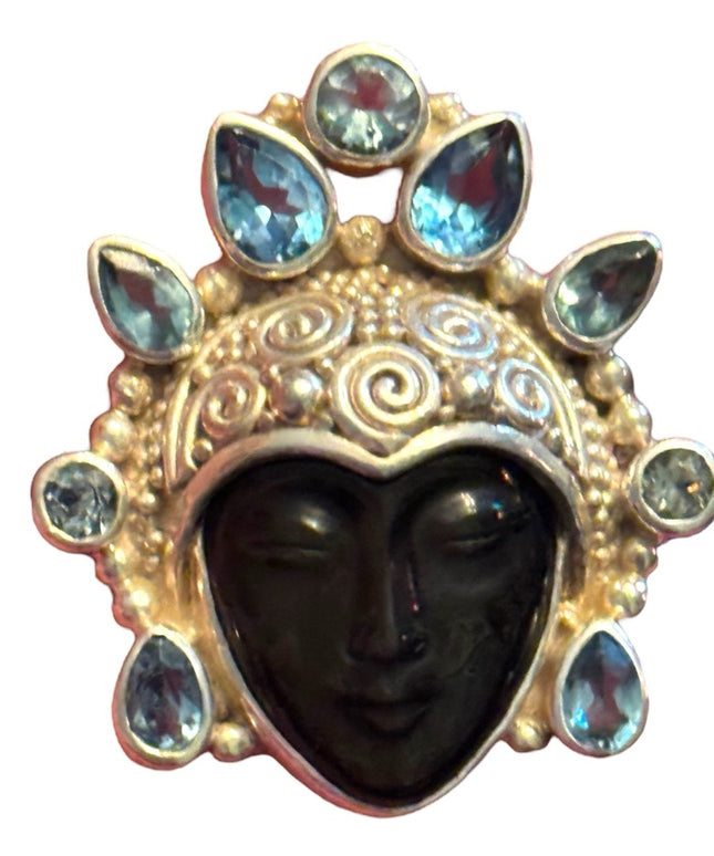 RARE Sajen Sterling silver ring goddess Topaz and Black Fiber optic Balenisian