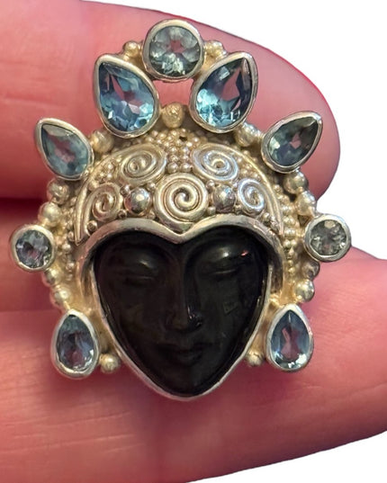 RARE Sajen Sterling silver ring goddess Topaz and Black Fiber optic Balenisian