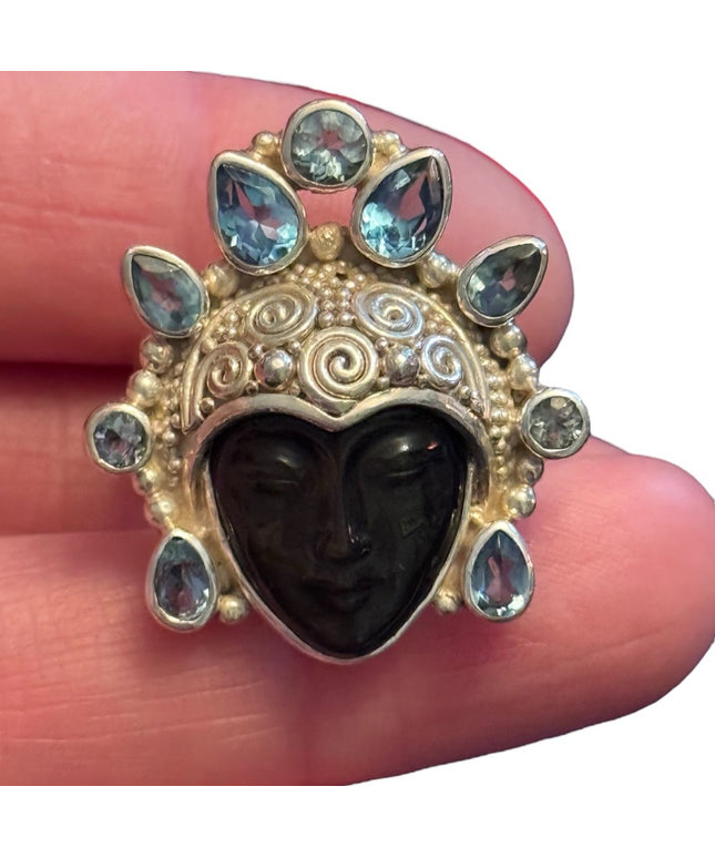 RARE Sajen Sterling silver ring goddess Topaz and Black Fiber optic Balenisian