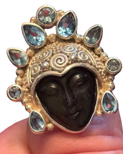 RARE Sajen Sterling silver ring goddess Topaz and Black Fiber optic Balenisian