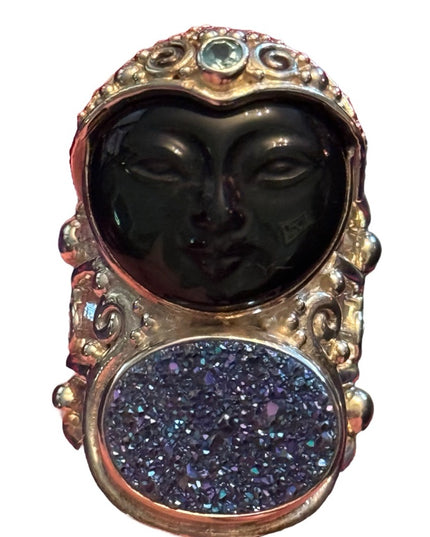RARE Sajen Sterling silver ring goddess moon Druzy black onyx topaz Balenisian