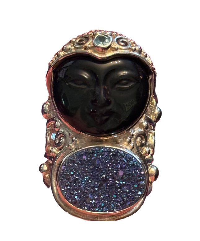 RARE Sajen Sterling silver ring goddess moon Druzy black onyx topaz Balenisian