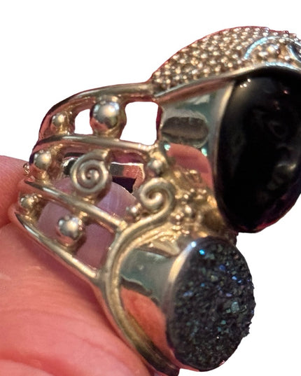 RARE Sajen Sterling silver ring goddess moon Druzy black onyx topaz Balenisian