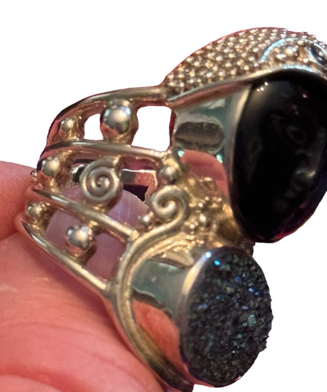 RARE Sajen Sterling silver ring goddess moon Druzy black onyx topaz Balenisian