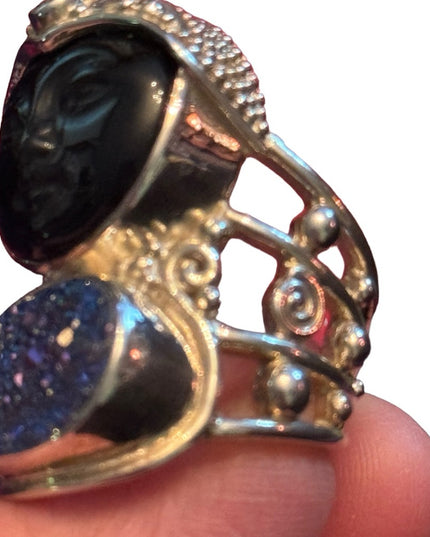 RARE Sajen Sterling silver ring goddess moon Druzy black onyx topaz Balenisian