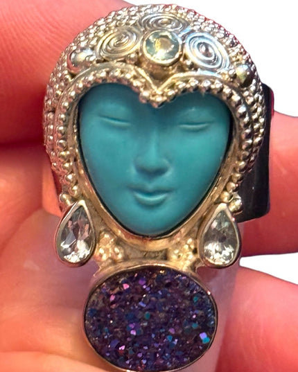RARE Sajen Sterling silver ring goddess druzy turquoise topaz Balenisian