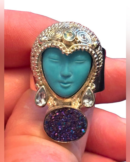 RARE Sajen Sterling silver ring goddess druzy turquoise topaz Balenisian