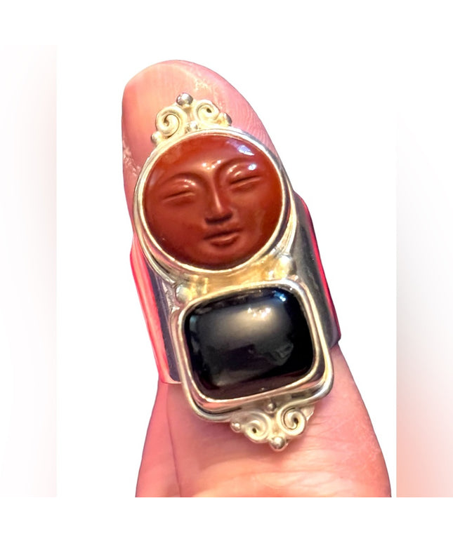 RARE Sajen Sterling silver ring moonface red jasper black onyx  Balenisian
