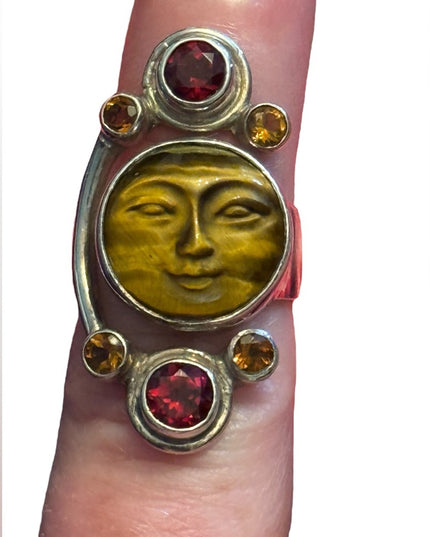 RARE Sajen Sterling silver ring moonface tiger eye moon garnet Balenisian