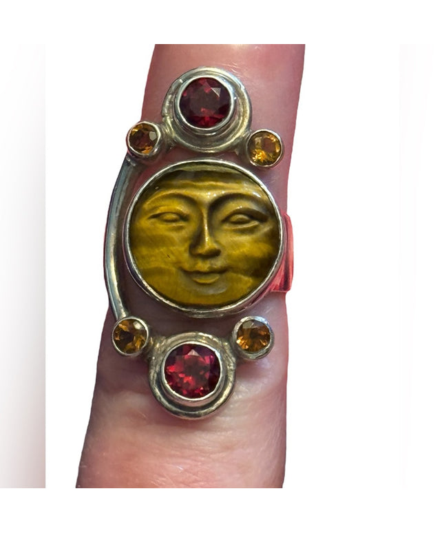 RARE Sajen Sterling silver ring moonface tiger eye moon garnet Balenisian