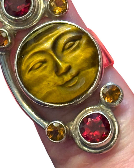 RARE Sajen Sterling silver ring moonface tiger eye moon garnet Balenisian