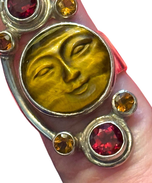 RARE Sajen Sterling silver ring moonface tiger eye moon garnet Balenisian