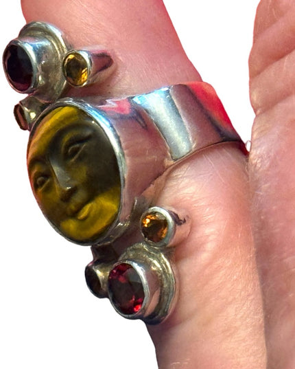 RARE Sajen Sterling silver ring moonface tiger eye moon garnet Balenisian