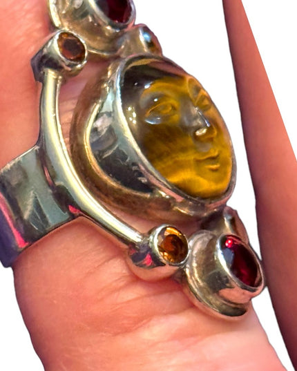 RARE Sajen Sterling silver ring moonface tiger eye moon garnet Balenisian