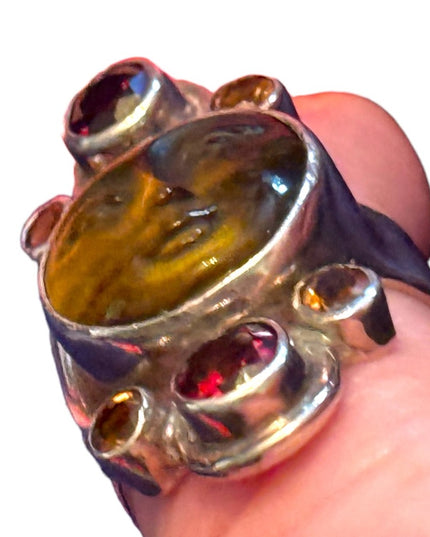 RARE Sajen Sterling silver ring moonface tiger eye moon garnet Balenisian