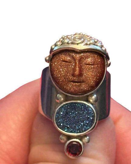 RARE Sajen Sterling silver ring moonface Goddess Druzy, Garnet Sterling Silver