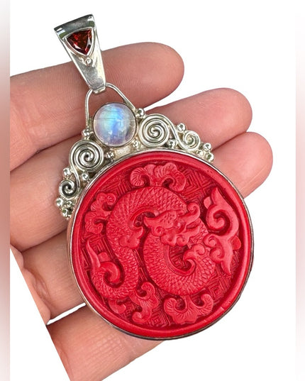 Rare Cinnabar Sajen 925 Sterling silver cinnabar moonstone garnet dragon Bali