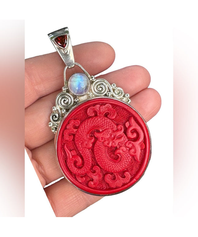 Rare Cinnabar Sajen 925 Sterling silver cinnabar moonstone garnet dragon Bali
