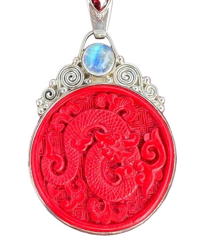Rare Cinnabar Sajen 925 Sterling silver cinnabar moonstone garnet dragon Bali