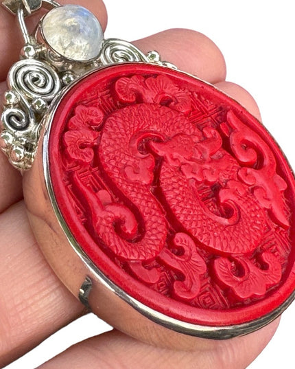 Rare Cinnabar Sajen 925 Sterling silver cinnabar moonstone garnet dragon Bali