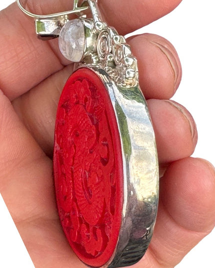 Rare Cinnabar Sajen 925 Sterling silver cinnabar moonstone garnet dragon Bali