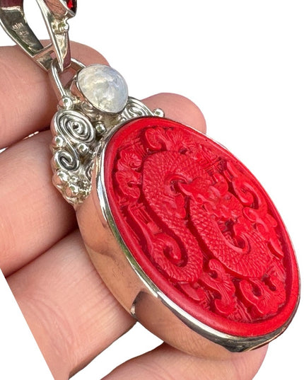Rare Cinnabar Sajen 925 Sterling silver cinnabar moonstone garnet dragon Bali