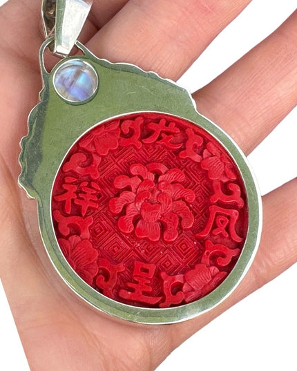Rare Cinnabar Sajen 925 Sterling silver cinnabar moonstone garnet dragon Bali