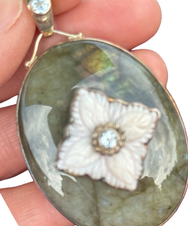 RARE  Sajen 925 Sterling silver pendant Labradoritw MOO Moonstone Bali Handmade