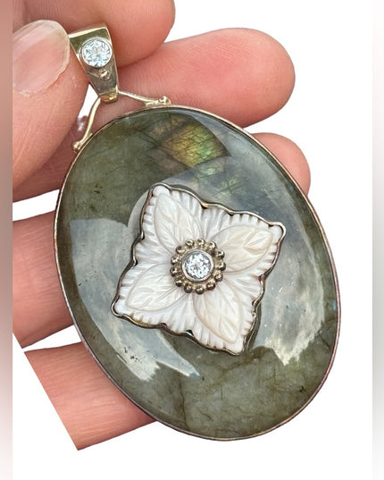 RARE  Sajen 925 Sterling silver pendant Labradoritw MOO Moonstone Bali Handmade