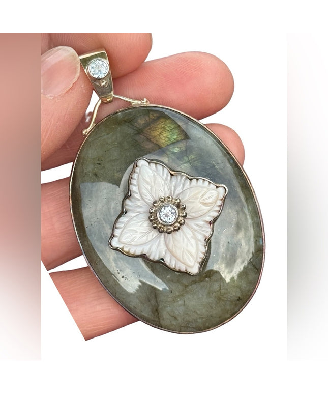 RARE  Sajen 925 Sterling silver pendant Labradoritw MOO Moonstone Bali Handmade