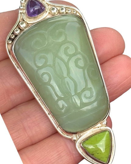 RARE  Sajen 925 Sterling silver brooch pendant Handmade Jadeite amethyst