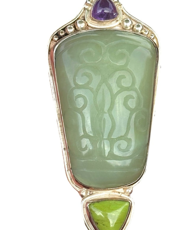 RARE  Sajen 925 Sterling silver brooch pendant Handmade Jadeite amethyst