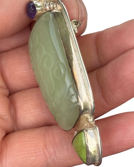 RARE  Sajen 925 Sterling silver brooch pendant Handmade Jadeite amethyst