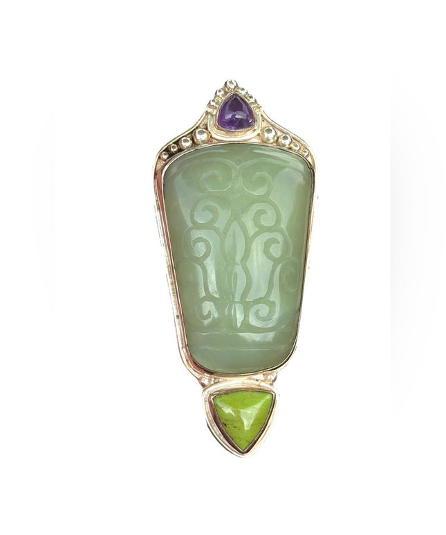 RARE  Sajen 925 Sterling silver brooch pendant Handmade Jadeite amethyst