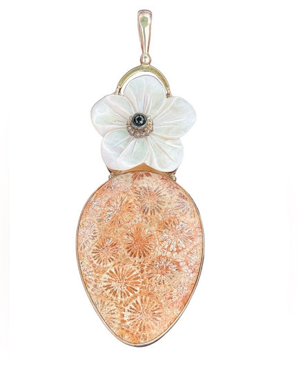 RARE LG Sajen 925 Sterling silver pendant Chrysanthemum Jasper Mother of pearl