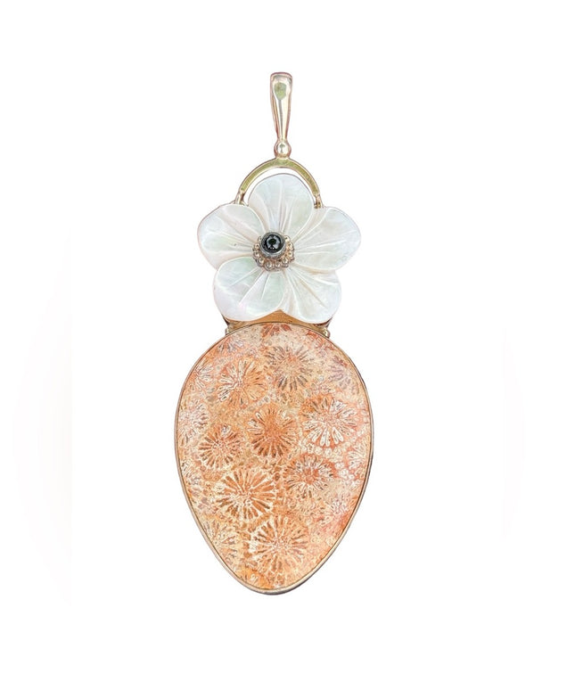 RARE LG Sajen 925 Sterling silver pendant Chrysanthemum Jasper Mother of pearl