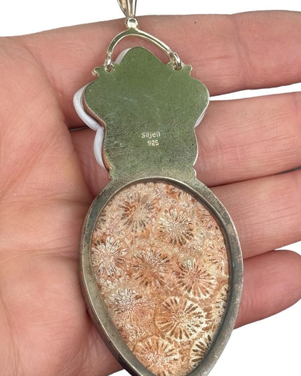 RARE LG Sajen 925 Sterling silver pendant Chrysanthemum Jasper Mother of pearl
