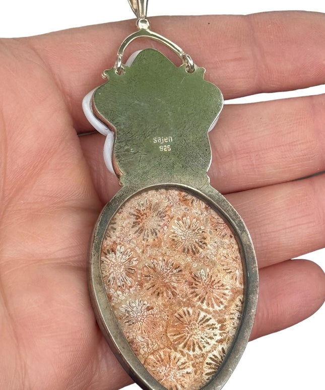 RARE LG Sajen 925 Sterling silver pendant Chrysanthemum Jasper Mother of pearl