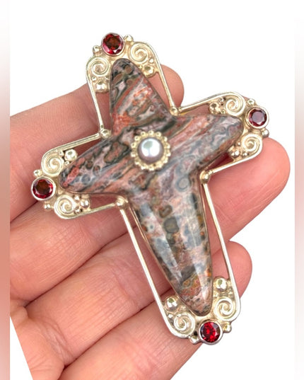 RARE  Sajen 925 Sterling silver brooch pendant Jasper Garnet Cross ornate Bali