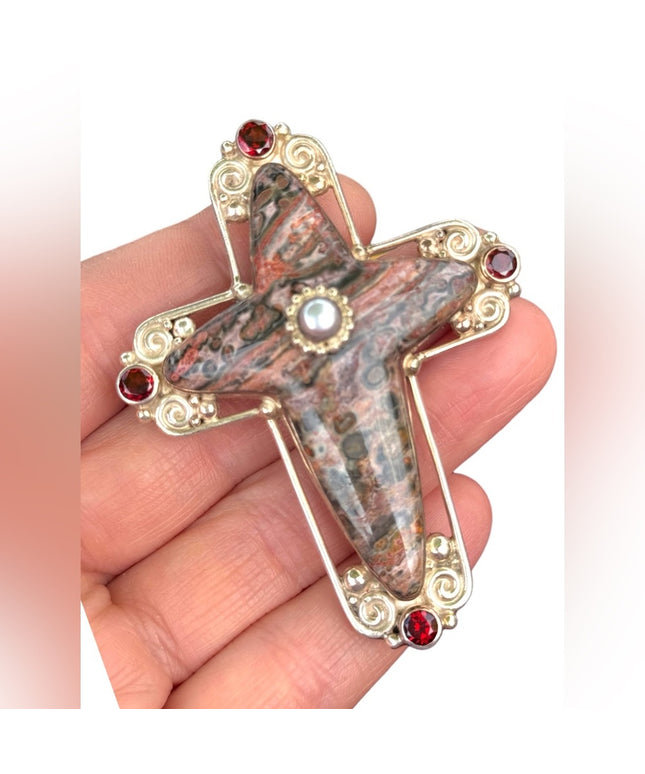 RARE  Sajen 925 Sterling silver brooch pendant Jasper Garnet Cross ornate Bali