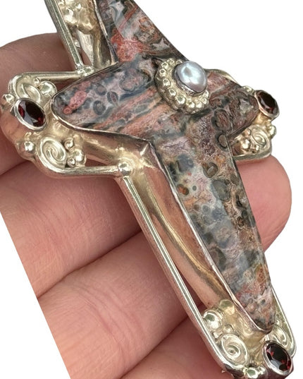 RARE  Sajen 925 Sterling silver brooch pendant Jasper Garnet Cross ornate Bali