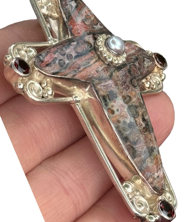RARE  Sajen 925 Sterling silver brooch pendant Jasper Garnet Cross ornate Bali