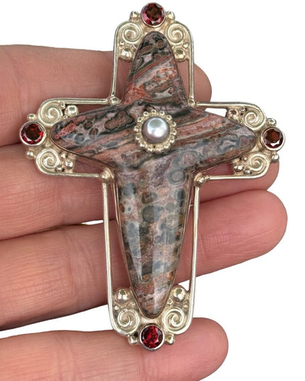 RARE  Sajen 925 Sterling silver brooch pendant Jasper Garnet Cross ornate Bali