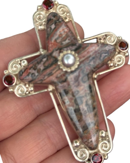 RARE  Sajen 925 Sterling silver brooch pendant Jasper Garnet Cross ornate Bali