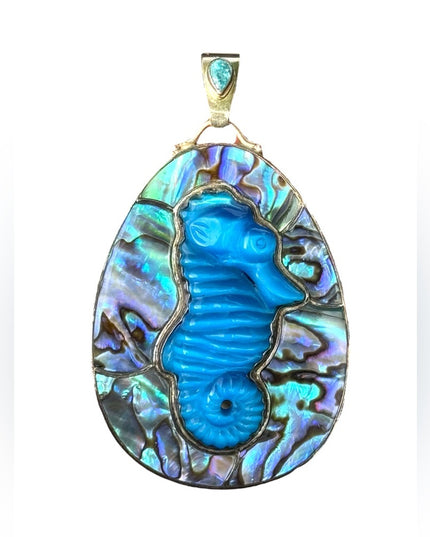 RARE  Sajen 925 Sterling silver  pendant Seahorse Abalone handmade Bali