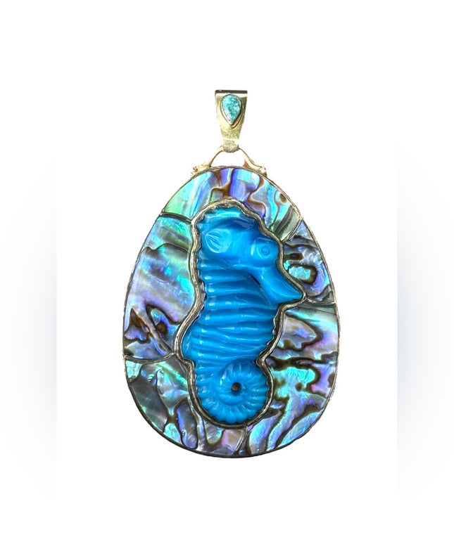 RARE  Sajen 925 Sterling silver  pendant Seahorse Abalone handmade Bali