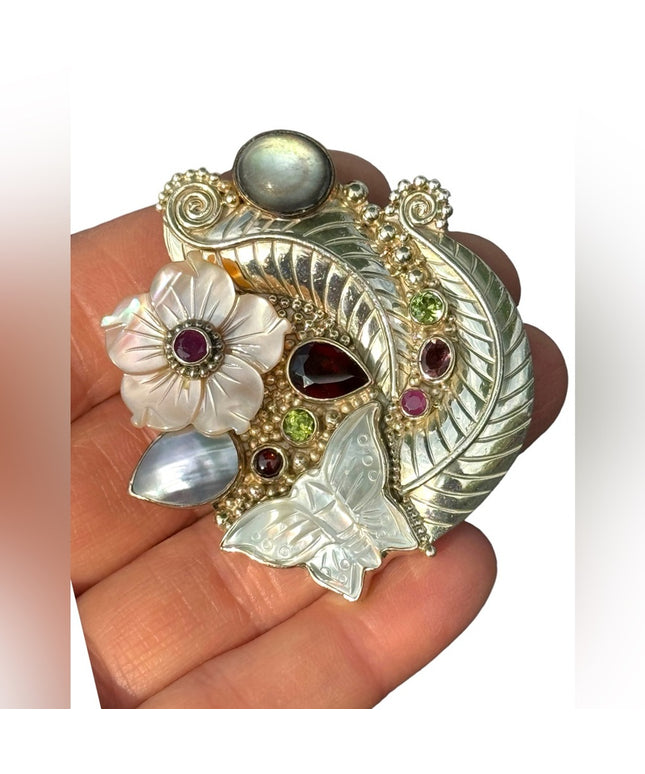RARE  Sajen 925 Sterling silver brooch pendant MOP garnet Butterfly flowers